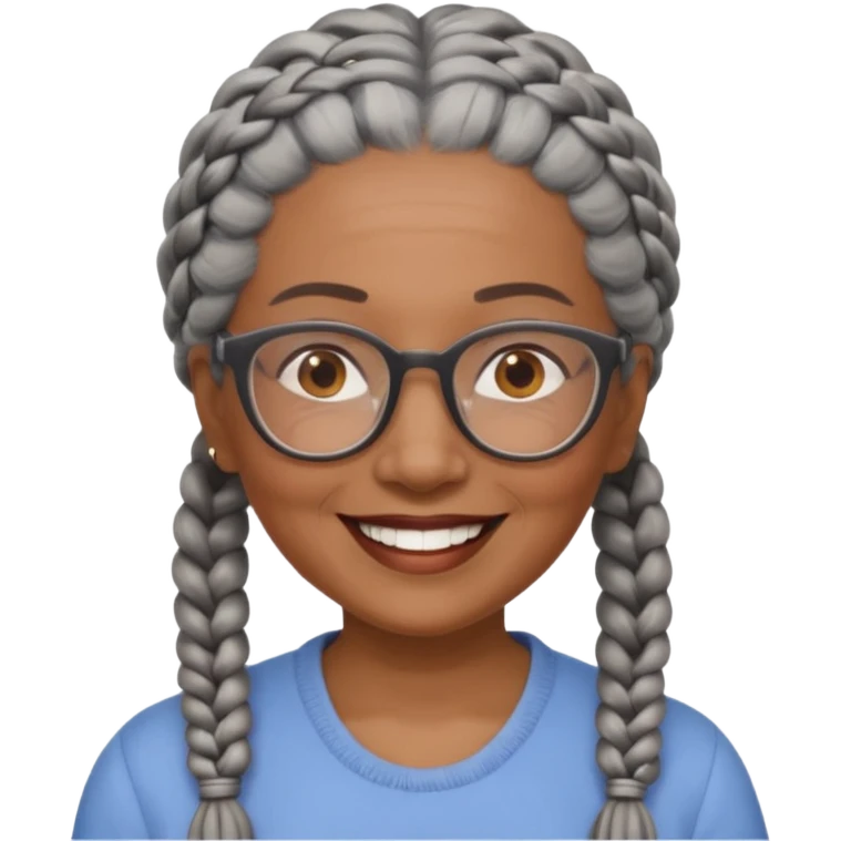 Older woman of color with gray braids, glasses and smiling emoji