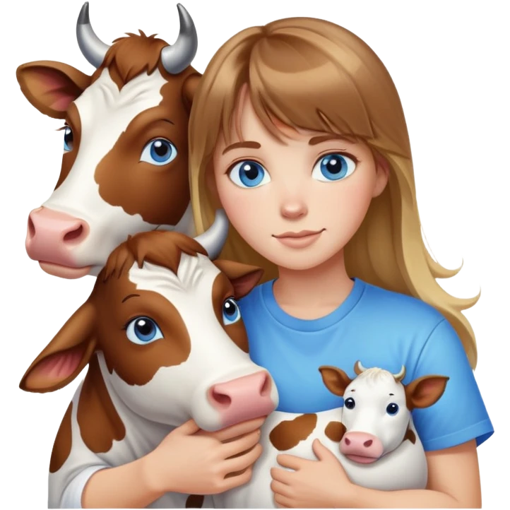 Woman with brown hair long and blonde highlights, bangs in front, blue eyes, white t shirt hugging a cow emoji