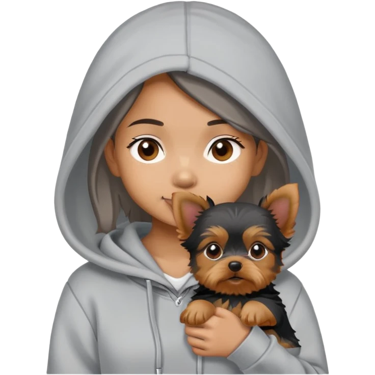 a brown asian girl wearing a grey hoodie with a yorkie puppy emoji