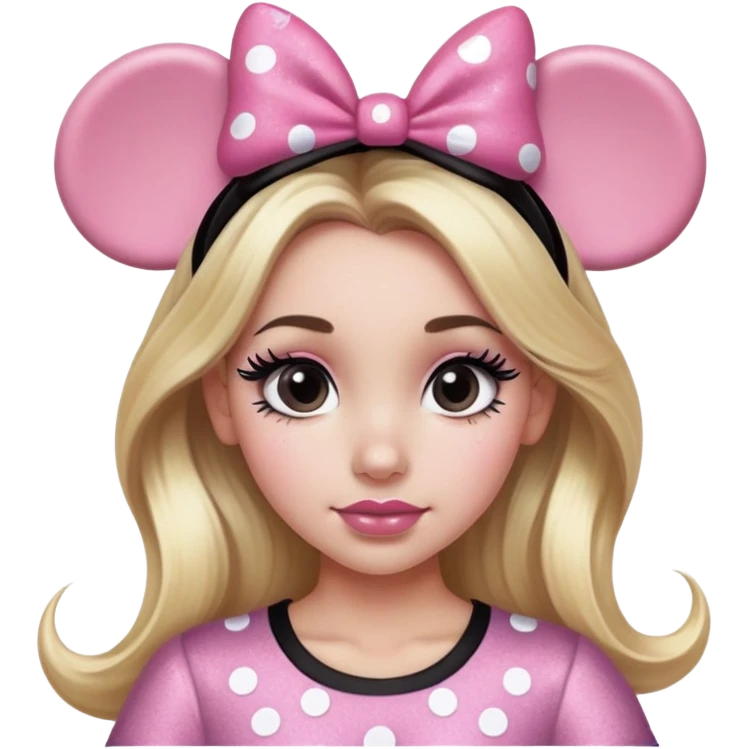 Woman with long blonde hair, brown eyes, brown eyebrows, blush cheeks with glitter pink and black Minnie mouse ears with pink and black Minnie mouse shirt with long black eyelashes emoji