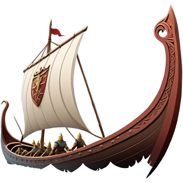 clash-of-clans-aesthetic_-cinematic-viking-longboat, rendered in a flat, bold vector style with minimal shading, featuring a striking dragon-headed prow slicing through icy, churning waters. shields on the side and vikings rowing The longboat’s intricately detailed shields and carved motifs evoke a sense of epic adventure and Nordic might, with billowing sails catching a dramatic, stormy sky backdrop. emoji