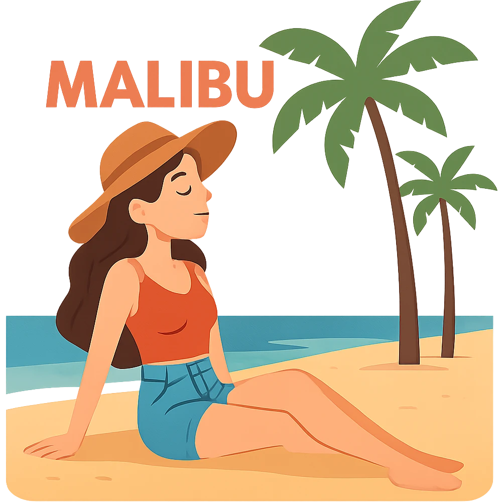 flat toon style young woman relaxing in Malibu with beach and palm trees emoji