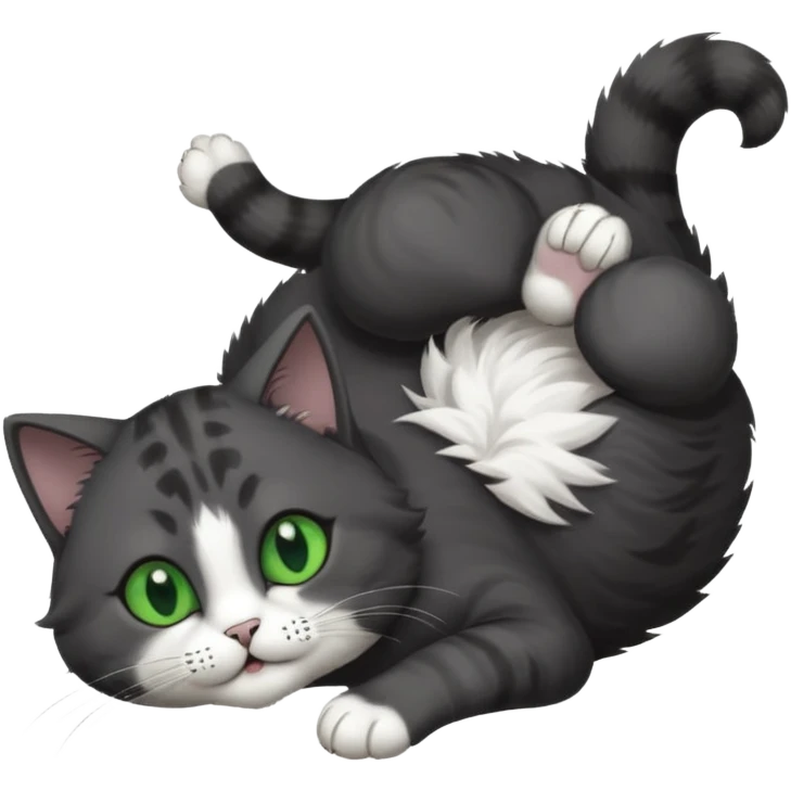 solid dark grey cat with green eyes, white toes/paws and white patch on her chest playfully rolling upside down emoji