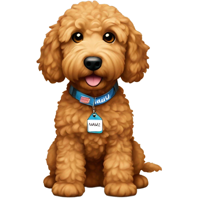 Mini brown golden doodle with a name tag that says Maui emoji