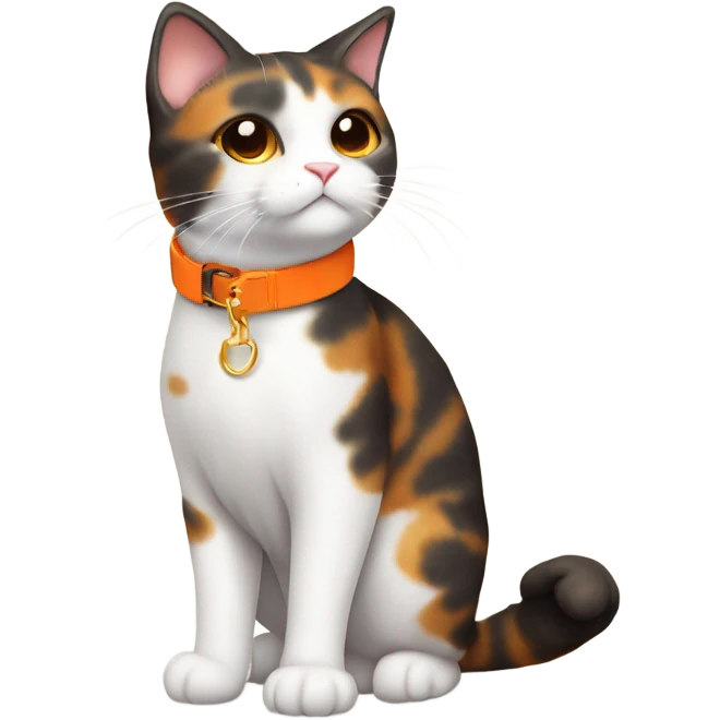 happy cute tortoiseshell white cat with orange cat collar full body from half side perspective  emoji