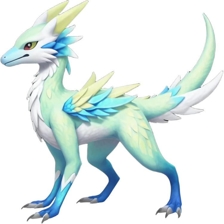 Colorful scaly flurry iridescent shiny bioluminescent translucent luminescent neon pastel bright pale Latias-Sergal-Vernid-Silvally-Renamon-Zeraora-Bastet-Fakémon-hybrid-fusion-creature, full body emoji