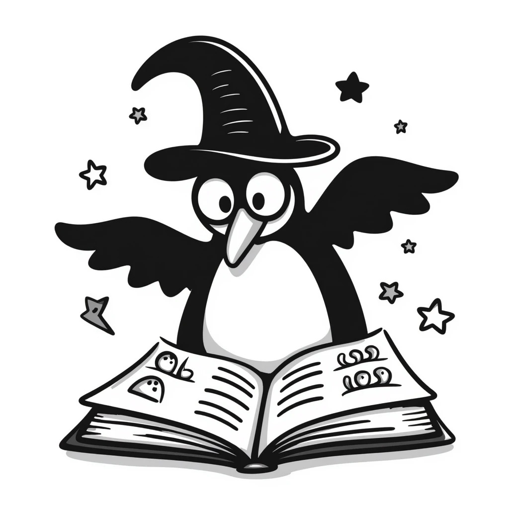 A whimsical penguin wizard studying a magical spellbook emoji