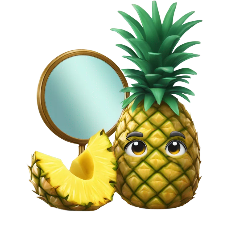 3D elegant pineapple🍍  with big shiny eyes 👀 pineapple holds mirror with its reflection 🪞🍍 emoji