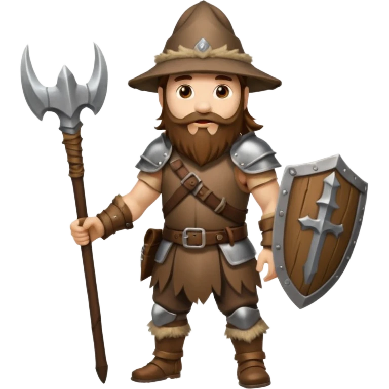full body man long brown hair brown eyes medium beard white skin wearing boar hat and bark armor emoji