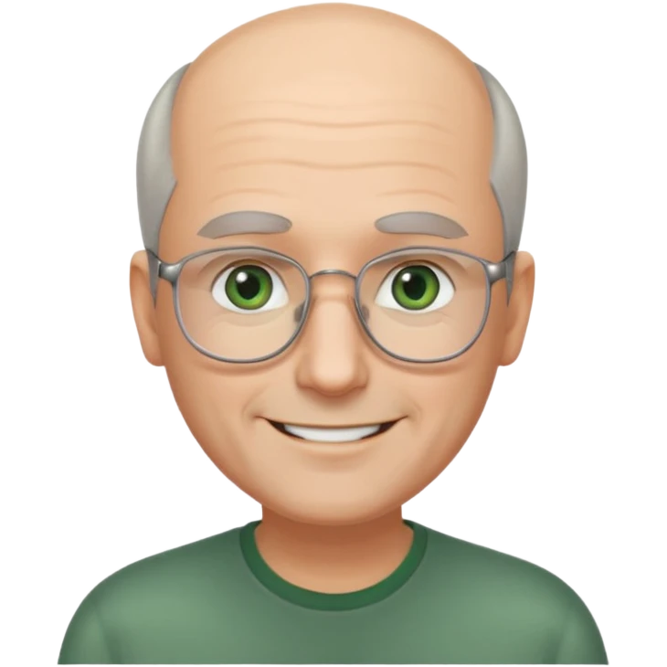 Balding man with receding hair, grey hair only on the sides, green eyes, rectangular reading glasses, rounded clear face, with a smile emoji