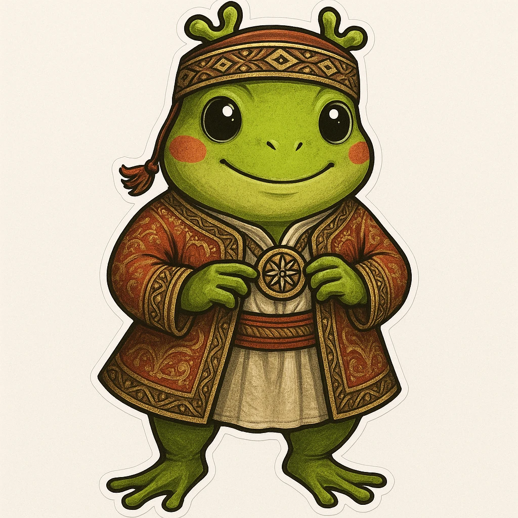 Enhance the traditional Bashkir outfit with more detailed patterns and textures, maintaining the cartoonish frog character (sticker style) emoji
