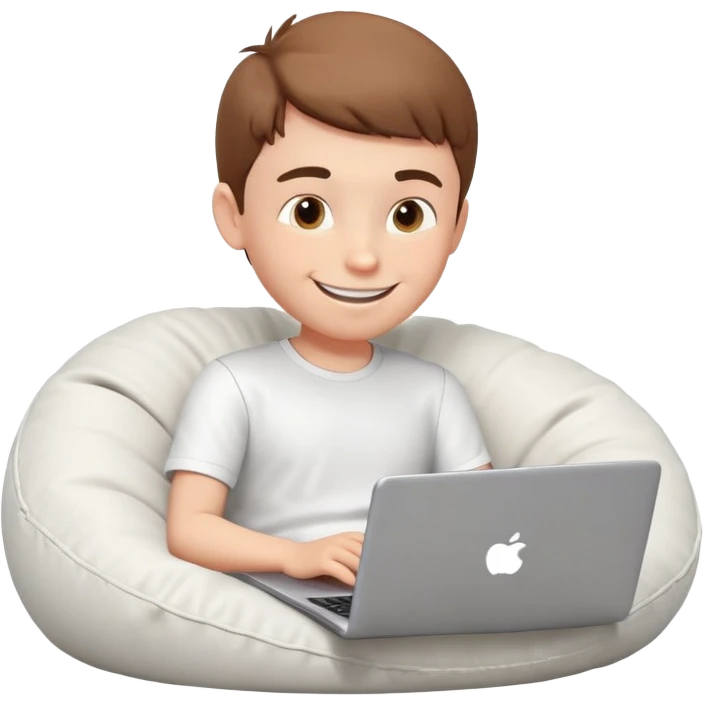 3D head of a smiling boy sitting on a bean bag and typing on a laptop. Head slowly rotates in a circle. he is wearing a white shirt. "RADMAN" is written on the base. Cozy interior light, front view, seamless circle emoji