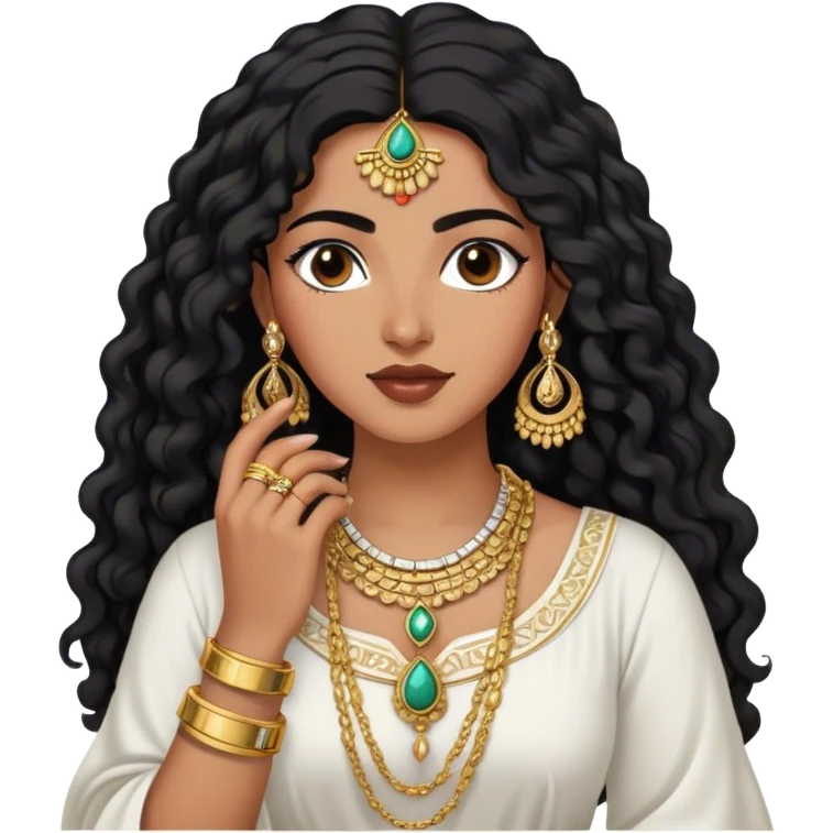 The Palestinian woman, she had long curly black hair and well defined eyebrows wears a white traditional dress. Her accessories steal the spotlight—intricately designed gold bangles, statement rings, and layered necklaces—each piece exuding heritage and craftsmanship.  emoji