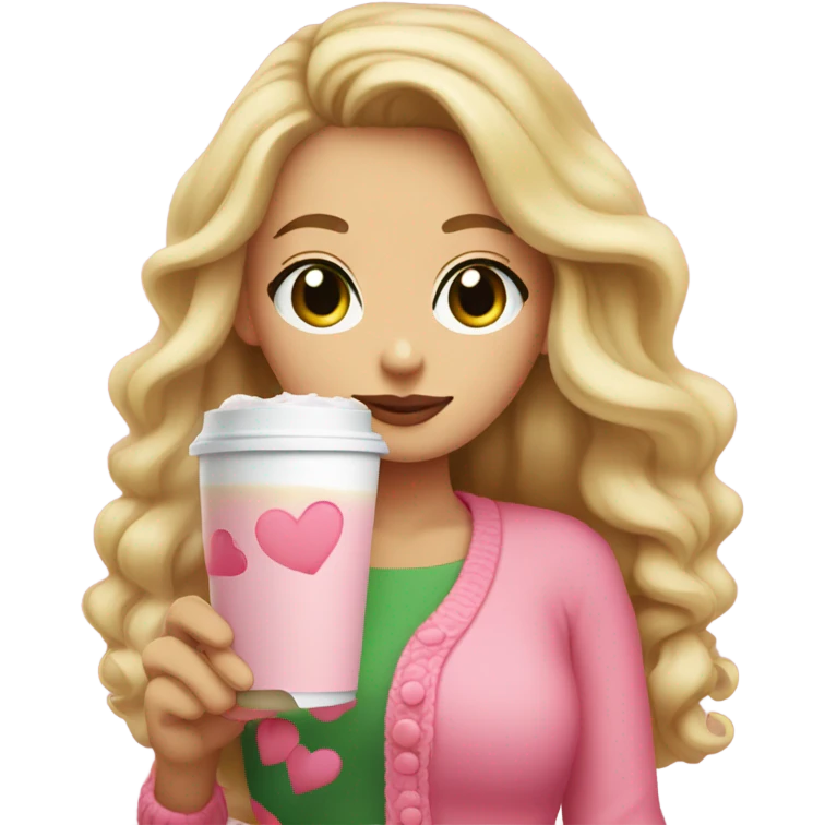 woman with green eyes and long curled blonde hair with a pink bow in her hair, wearing a pink cardigan with a red hearts and she is holding an iced coffee emoji