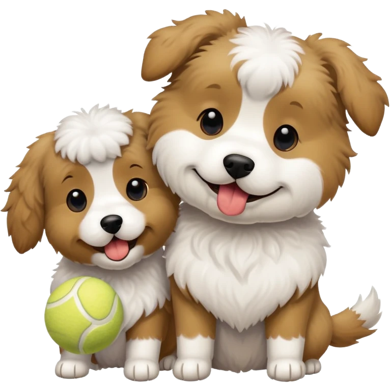 Two playful doodle-like dogs: one light brown with a tennis ball in its mouth, the other black and white with a fluffy coat. emoji