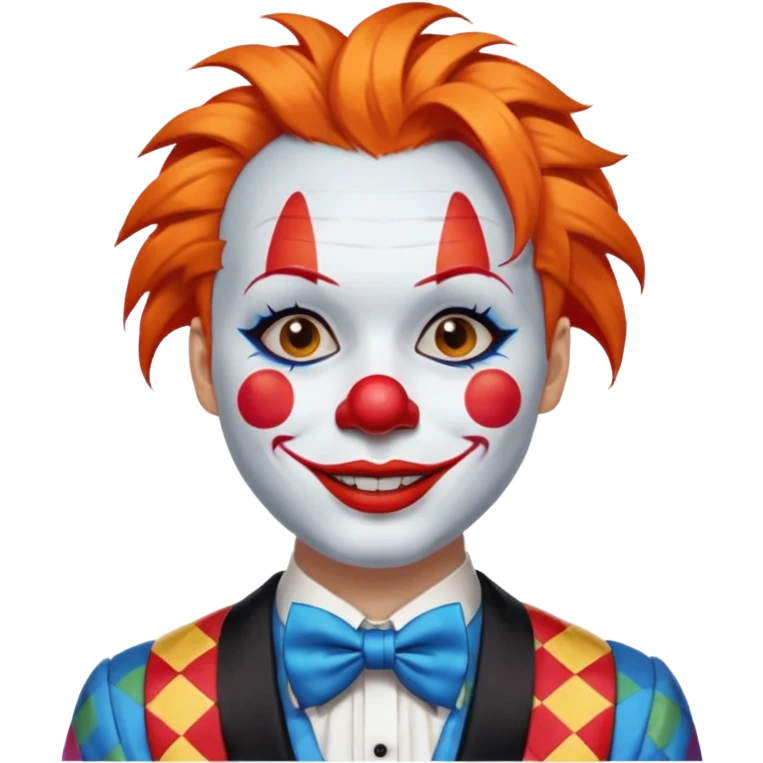 Orange hair styled in upward tufts.

White face paint, red nose, red lips, and thin black eyebrows.

Wearing a colorful patchwork clown suit with a big blue bow tie.

Happy, cheerful smile. emoji