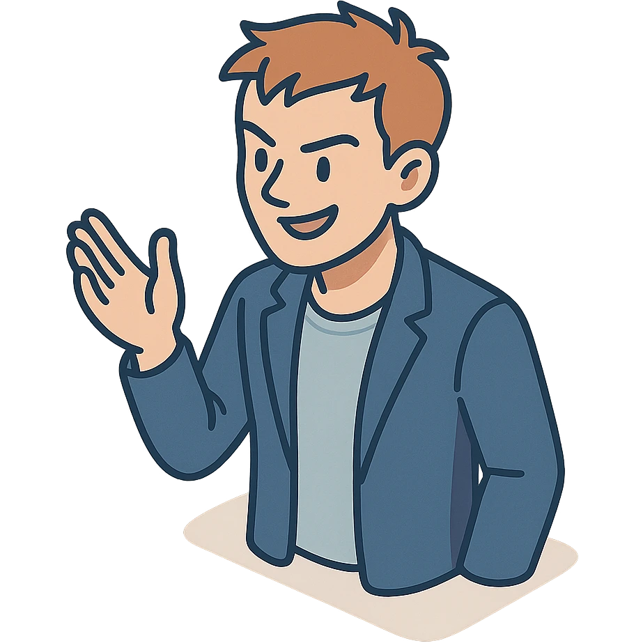 Lively and clever male debater, fair skin, short messy light brown hair, sharp eyes with a mischievous smile, wearing indigo blazer over a casual t-shirt, one hand raised mid-gesture, waist-up emoji