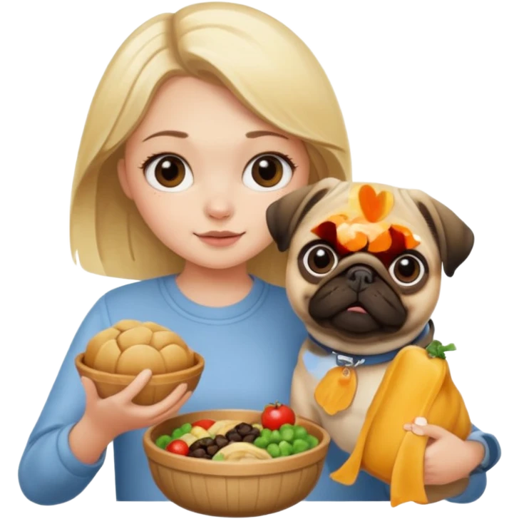 haz una chica rubia dandole comida a su perro pug emoji