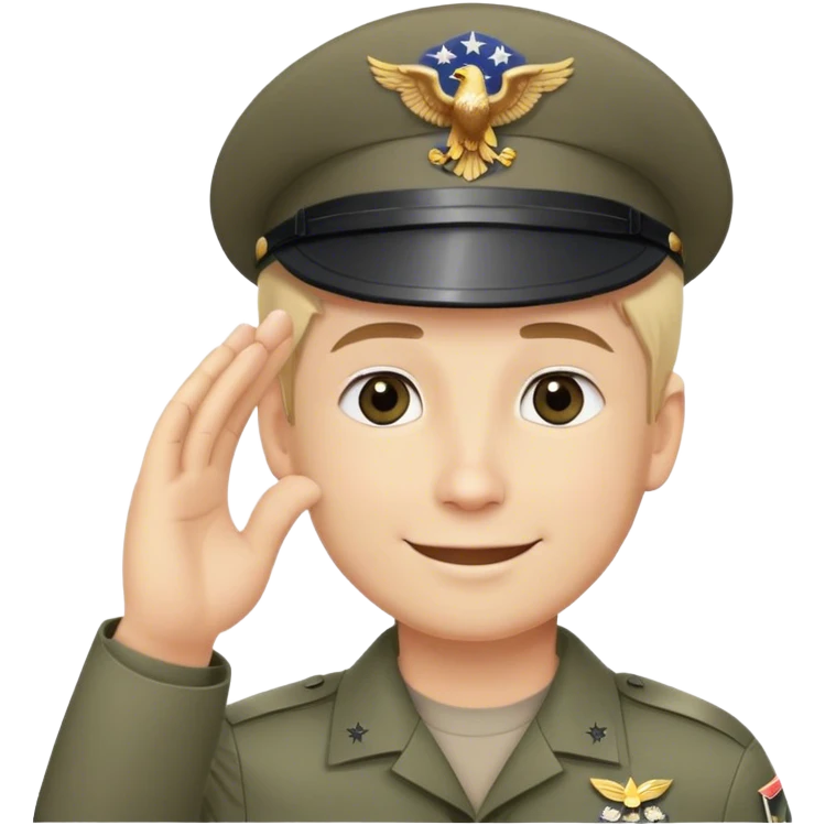 The image depicts a white man with gray eyes and short blonde hair, wearing a U.S. military cap with an eagle emblem. He is saluting with his right hand, showing a confident smile. The background is solid black. emoji