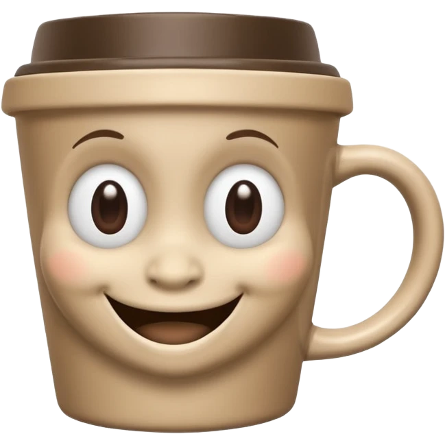Ink wash style, coffee cup creature, big heart eyes, dopey smile emoji