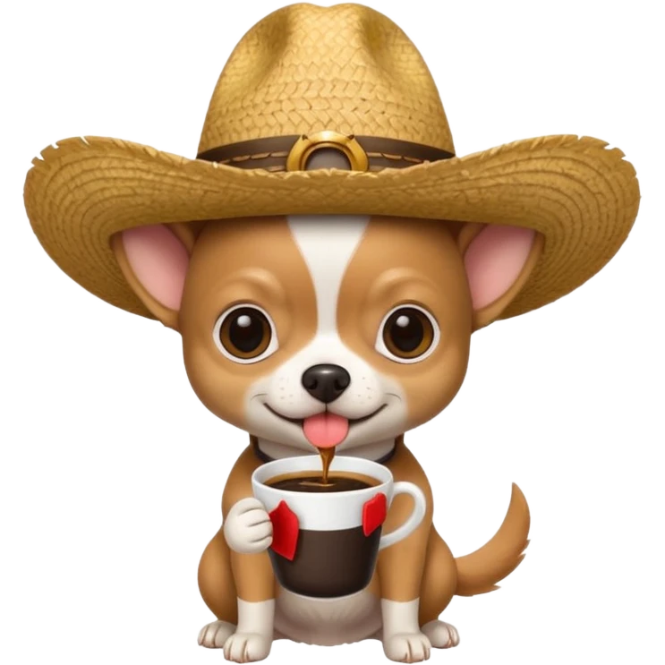 Chihuahua negro con cafe con sombrero de paja emoji
