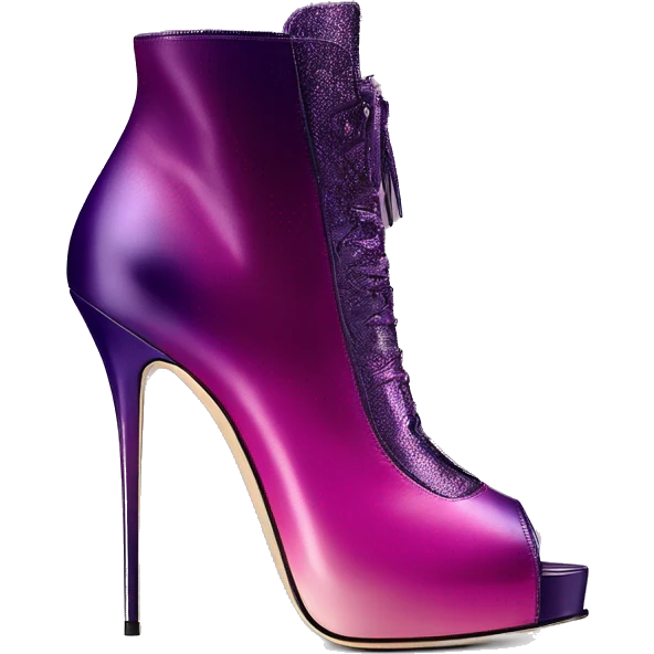 Real isolated top view of a pair of metallic magenta to dark purple ombre Jimmy Choo stiletto peep toe ankle bootie boots.  emoji