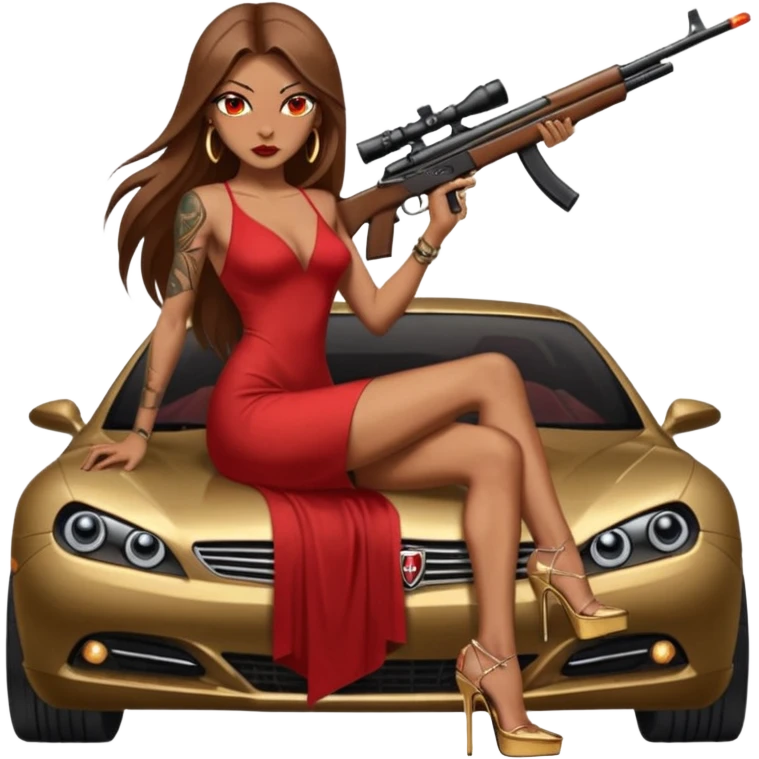 Lilith tan skinfemale red eyes symbol. Tattoo arms. Her hair is brown straight long hair.wearing sexy long  erotic dress with slit. black stiletto platform high heels shoes on. Sitting on gold giant luxury car with cash surrounding her. She is holding a sniper rifle in one hand cash in other hand emoji