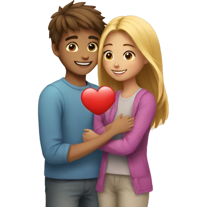 Young man and girl hugs with heart emoji