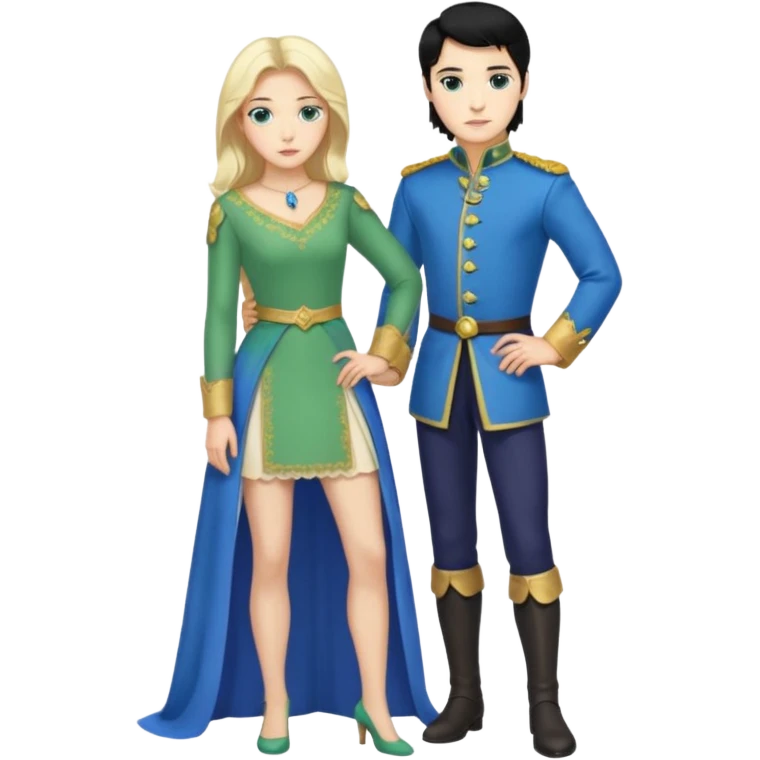 prince, standing upright, black Hair, blue eyes, garment,  woman, bending knee, White sleveless dress, blonde hair, green eyes, emoji