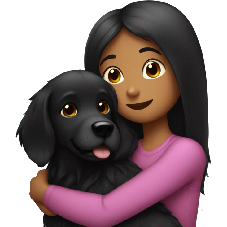 black dog cuddling dark long hair girl with big beautiful big emoji