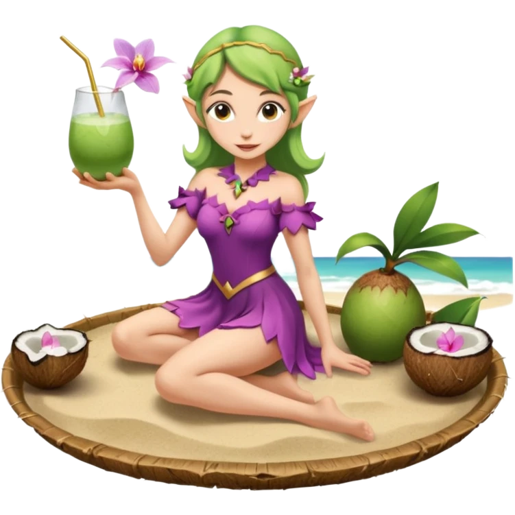 female elf in orchid-petal dress, balancing coconut drink tray. Barefoot on sand emoji