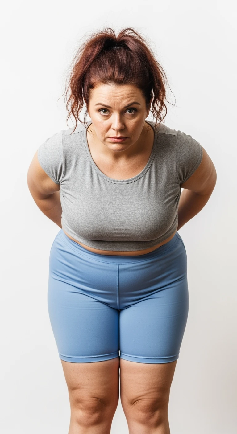 donna con cellulite in gym short leggermente piegata in avanti, con espressione dispiaciuta in volto isolata su sfondo bianco emoji