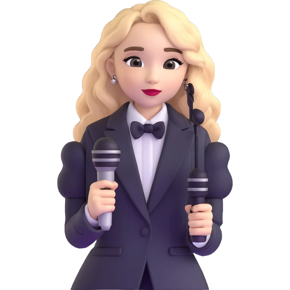 Sabrina Carpenter in a fancy pink outfit with a microphone emoji