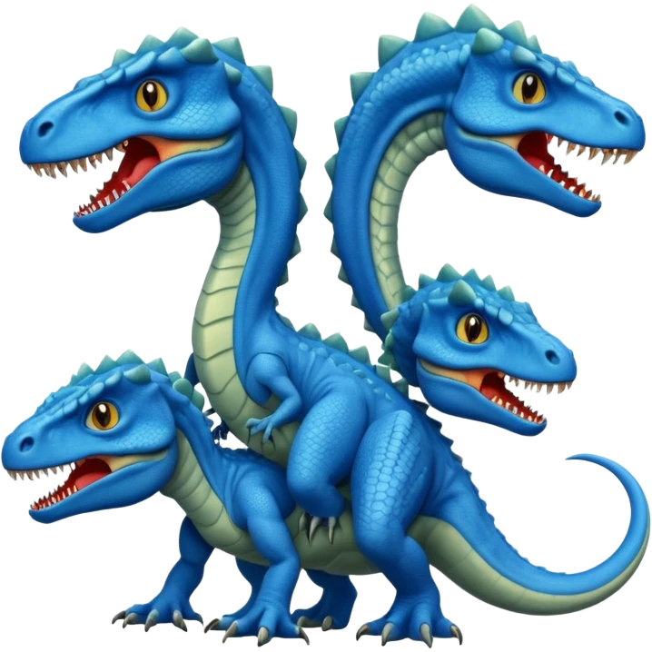 blue hydra, strong reptilian body, like a dinosaure, not like a snake,  with 3 heads rising from its neck emoji