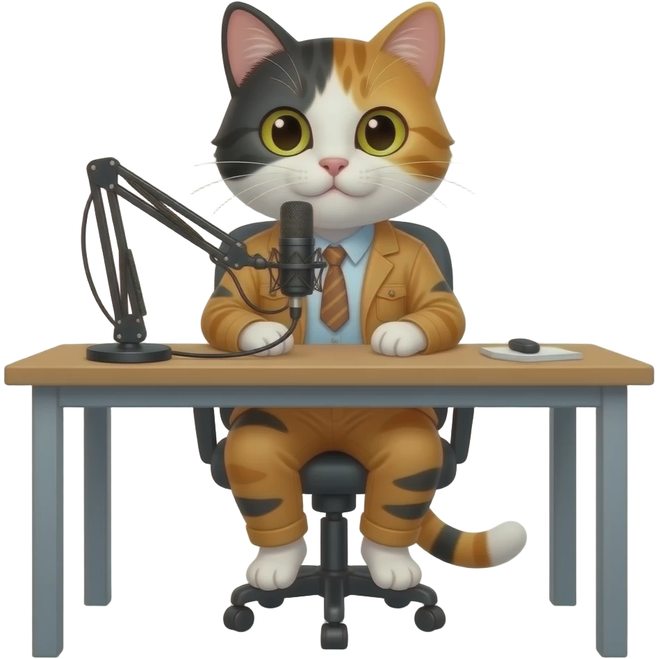 sincere long-haired calico cat podcaster at desk no clothes emoji