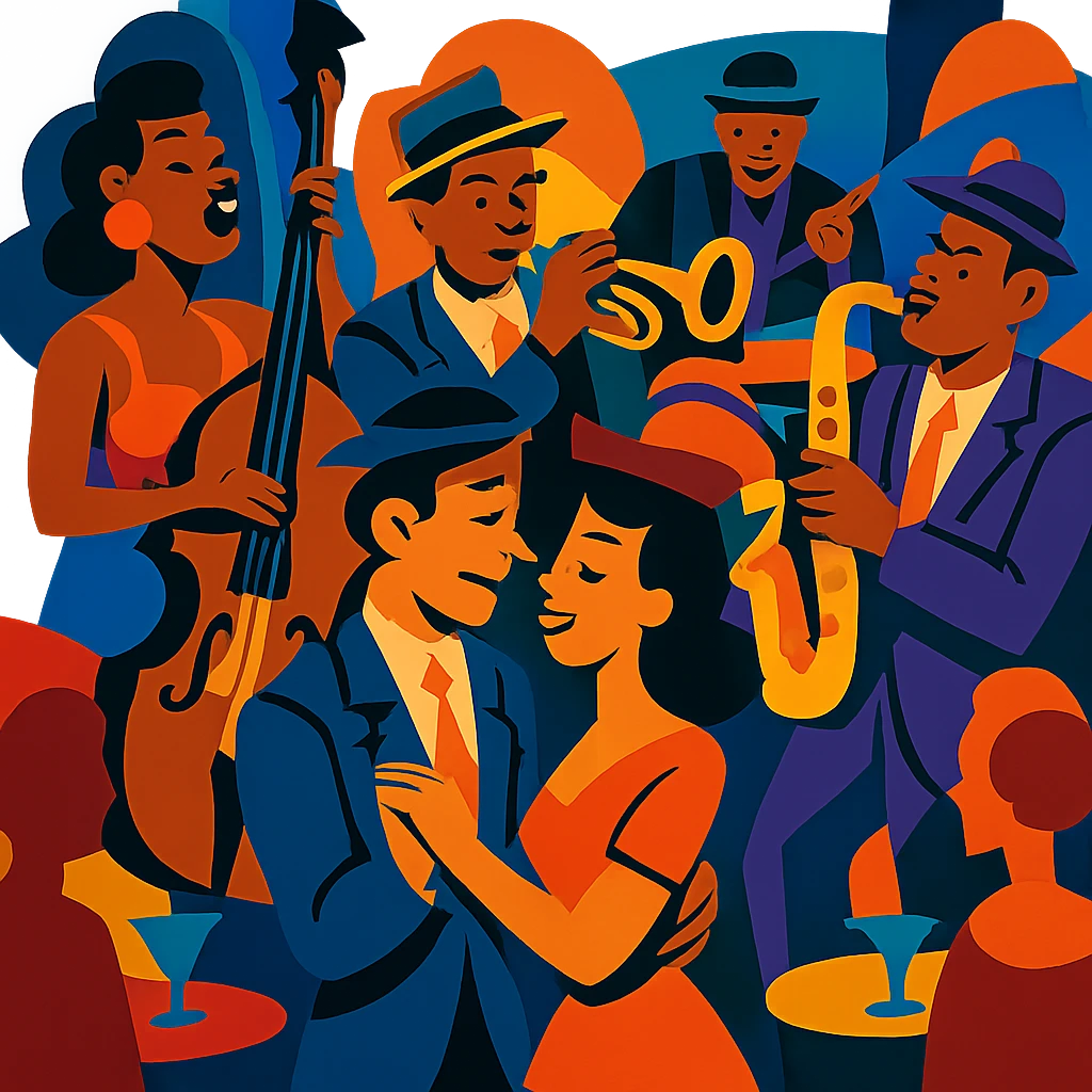 1940s jazz nightclub scene, vibrant toon style, energetic colors, no text emoji