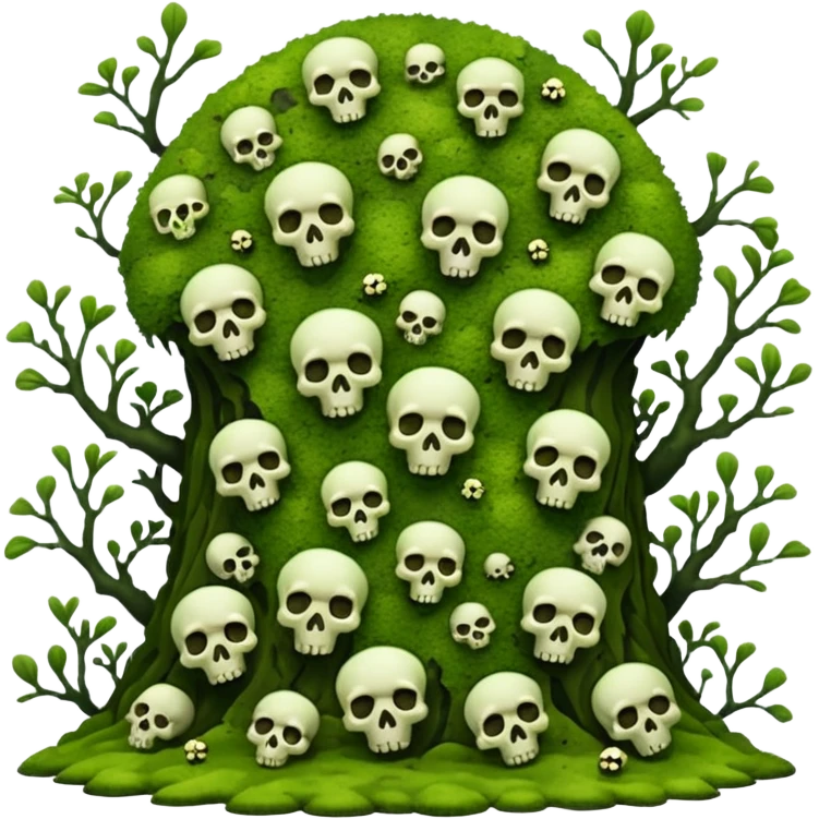 A creepy moss covered ground with skulls from a top down perspective. In the style of your bleeding skull art. In a realistic style covering the whole screen with little tint skulls. No border, all moss emoji