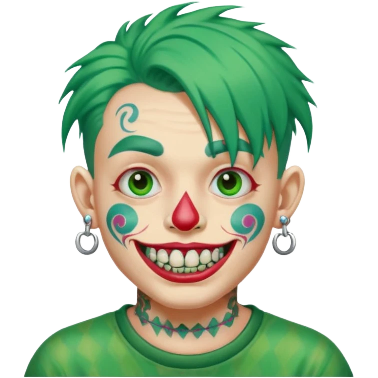 very colorful puffy green haired man made out of candy wearing teeth-braces and excessive face tattoos and excessive piercing just face  emoji