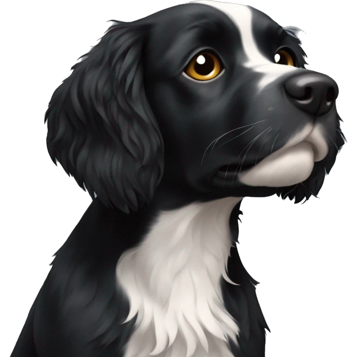Small completely black spaniel with black fur on his whole face and white fur on chest emoji