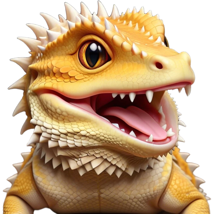 Cinematic Cute Yawning Bearded Dragon Portrait Emoji, Head tilted slightly with a dramatic, wide-open yawn, showcasing a soft, textured scaled hide with its spiky beard partially drooped and eyes barely open in drowsy contentment, Simplified yet irresistibly adorable features, highly detailed, glowing with a soft, cozy glow, high shine, relaxed yet expressive, stylized with a touch of reptilian whimsy, bright and endearing, soft glowing outline, capturing the essence of a sleepy yet affectionate dragon, so drowsy it feels like it could stretch out of the screen and curl up for a nap! emoji
