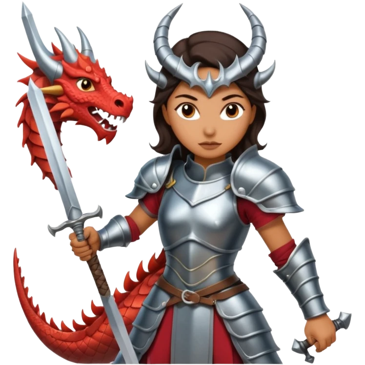 Fierce Latina in armor with a sword in a losing battle with a dragon emoji
