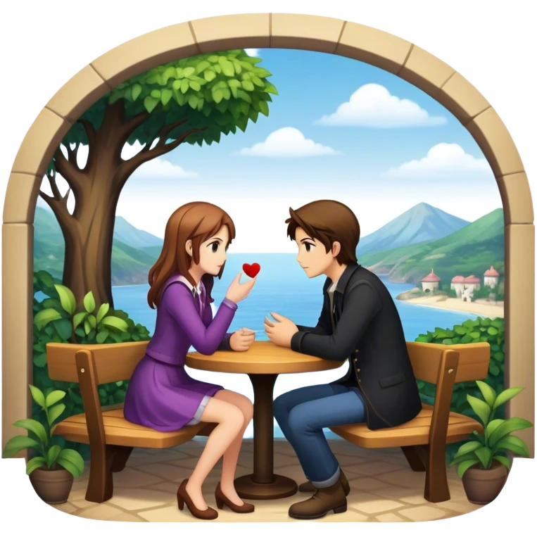 An icon representing a visual novel game, with a detailed background featuring a romantic or mysterious setting. Characters are in conversation, with dialogue boxes visible. The design captures the immersive storytelling and emotional depth of visual novels, set against a transparent background. emoji