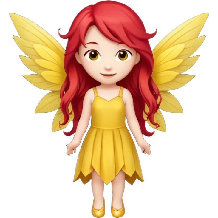 fairy with long red hair, yellow wings, yellow dress, happy, chibi full body emoji