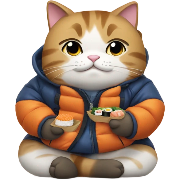 cat in a big puffy jacket eating sushi emoji