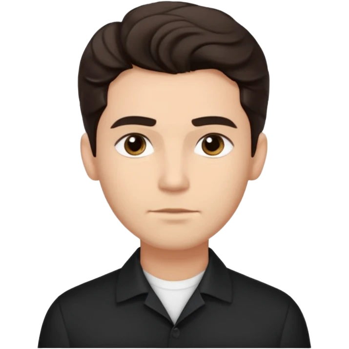 He’s a man with light to medium skin, a defined oval face, full brows, deep-set eyes, and wavy short dark brown tall hair styled with height, sides are trimmed. expression calm and focused relaxed black open-collar. polished, articulate, and coach vibe. personal development emoji
