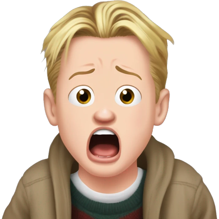 macaulay culkin from Home Alone, putting both hands on his face and screaming of fear. bring the hands down lik he is putting on his cheeks. emoji