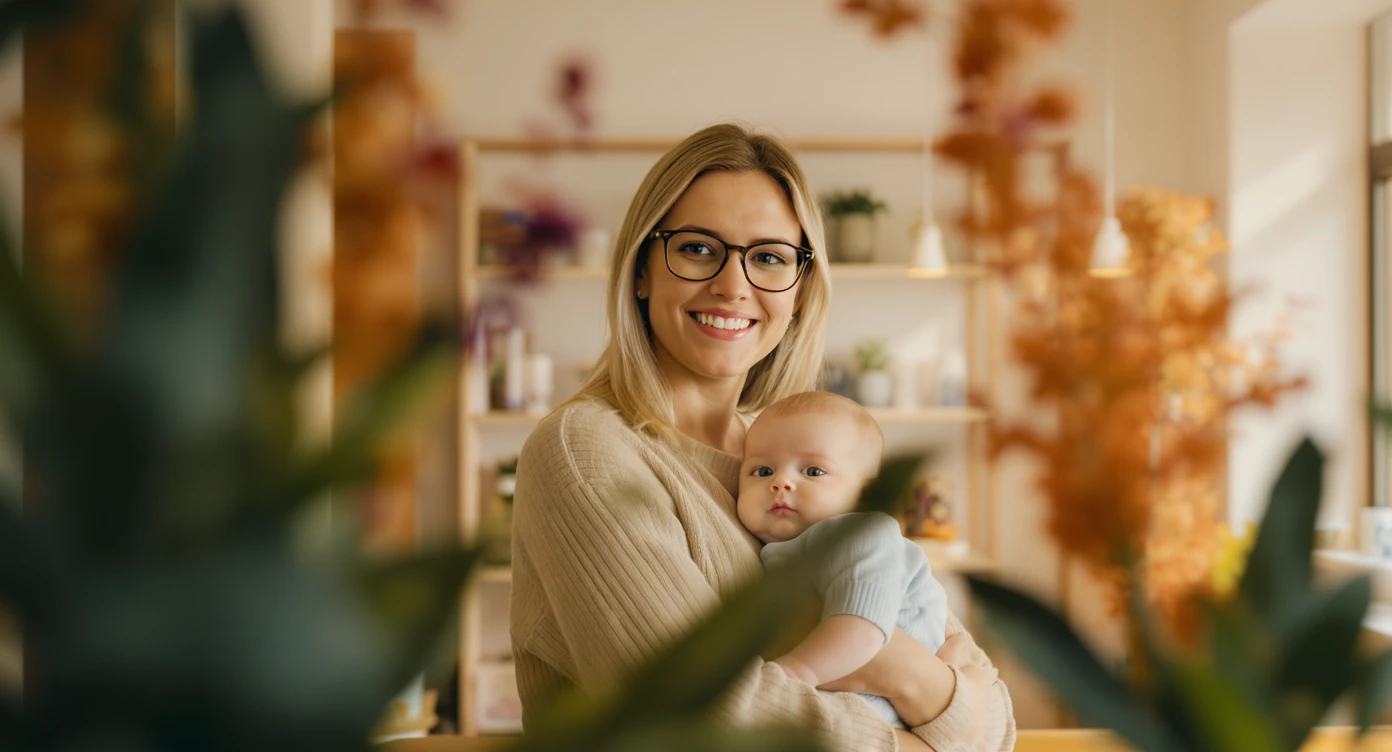 Cinematic still, blurred plants in the foreground (frame within a frame), Proffesional advertising of a smiling european white woman with glasses smiling holding baby, minimalistic ophthalmologist interior in background, leading  lines, "rule of thirds", 60/30/10 colors, soft light, warm colors emoji