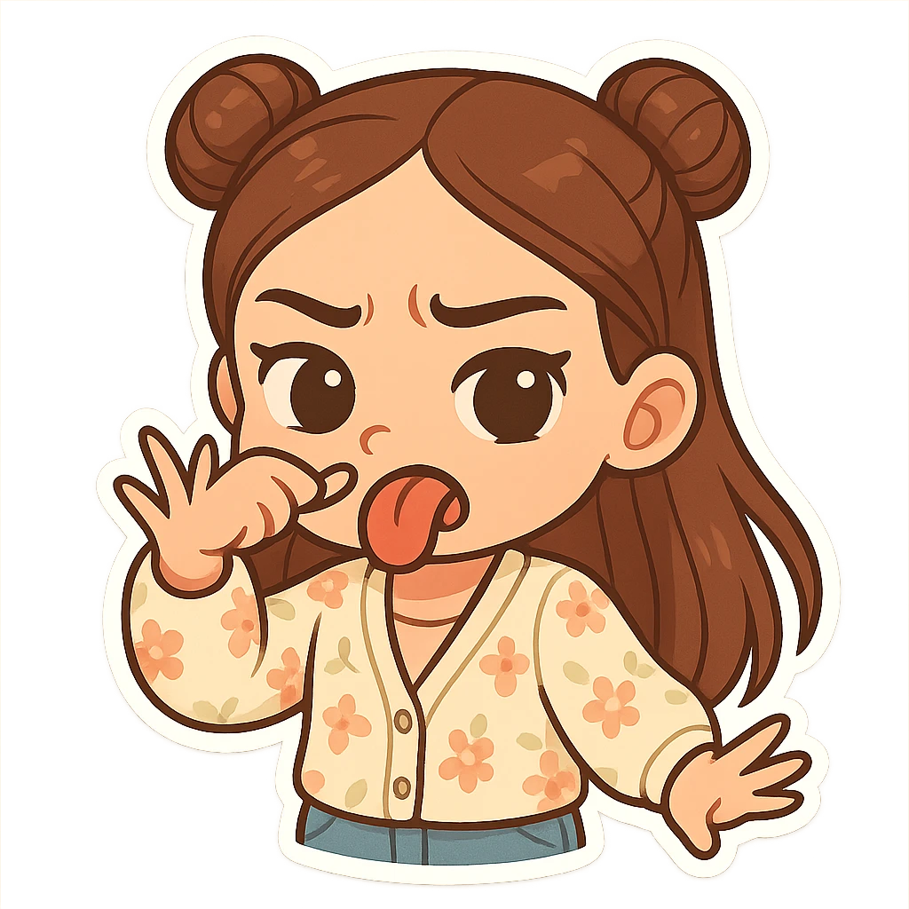 Create a chibi sticker of the girl from the reference image. She has brown straight hair in double buns, brown eyes, wearing a pastel floral cardigan and jeans. She is sticking out her tongue and waving her hand in front of her nose with a disgusted expression. The sticker should have a white outline and a transparent background, 512x512px. emoji
