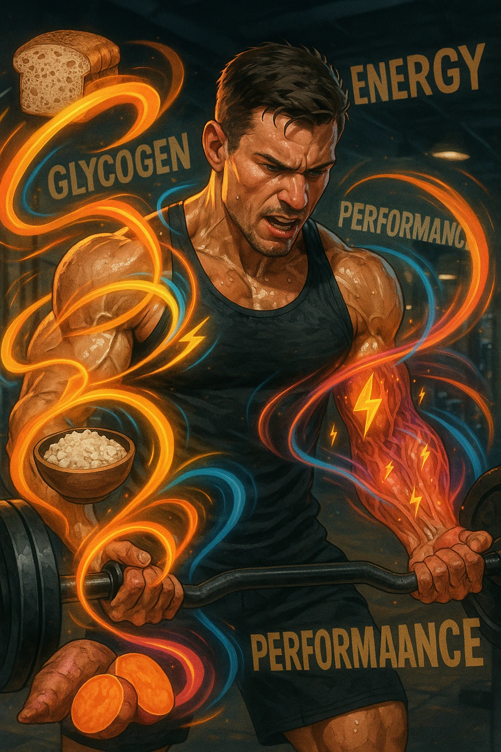 Uomo atletico di circa 30 anni durante un allenamento intenso in palestra, con muscoli ben definiti e sudati. Intorno a lui si visualizzano flussi energetici colorati che partono da fonti di carboidrati (pane integrale, riso, patate dolci) e si dirigono verso i suoi muscoli. I muscoli appaiono attivi, tesi e in pieno sforzo, con piccoli simboli di 'carburante' o energia che entrano nei tessuti. Espressione concentrata e potente. Sullo sfondo, parole come 'glicogeno', 'energia', 'prestazione'. Atmosfera dinamica, intensa e positiva. emoji