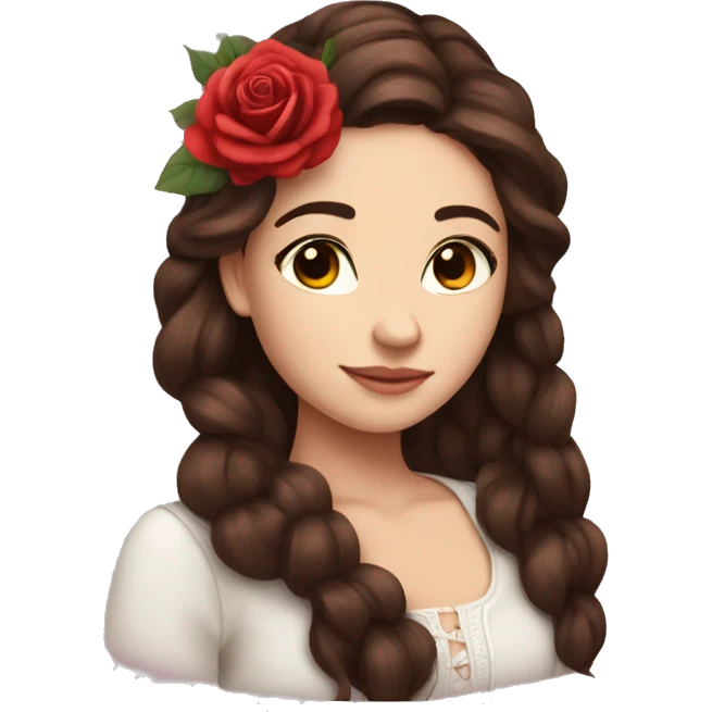 Beautiful, rose, red, flowers in hair, long dark brown hair, white fair skin emoji